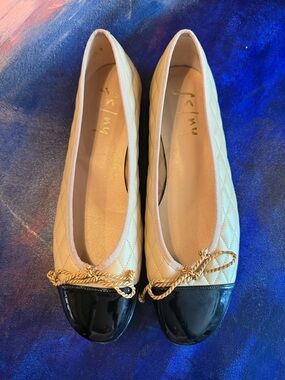 French Sole Quilted Ballet Flats with Black Patent Cap Toe and Rope Bow
